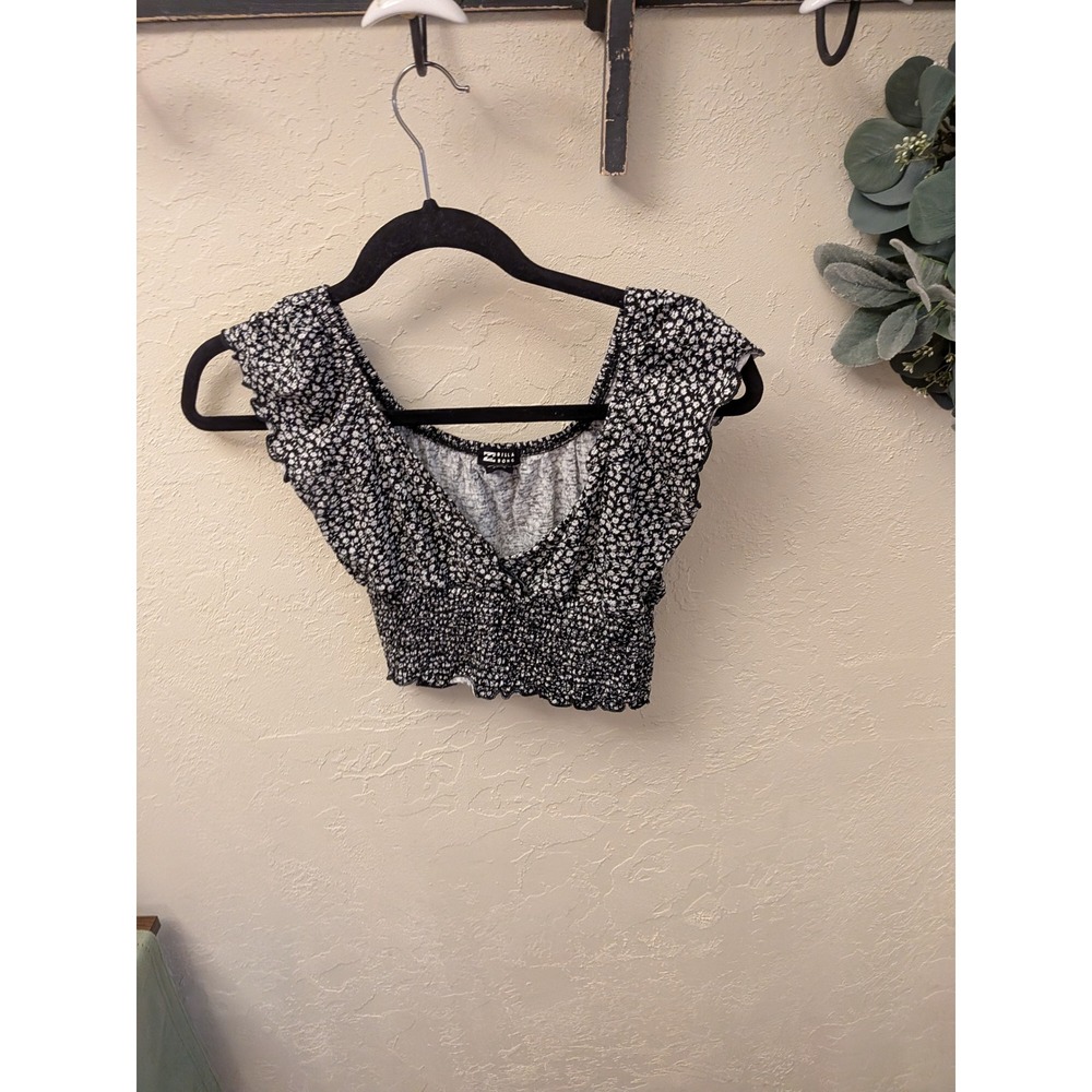 Billabong Smocked Floral Crop Top Off‎ Shoulder Ruffle Women's S